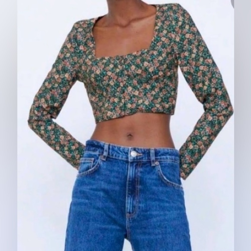 ZARA‎ cropped all over flowers square neckline Top size small NWT